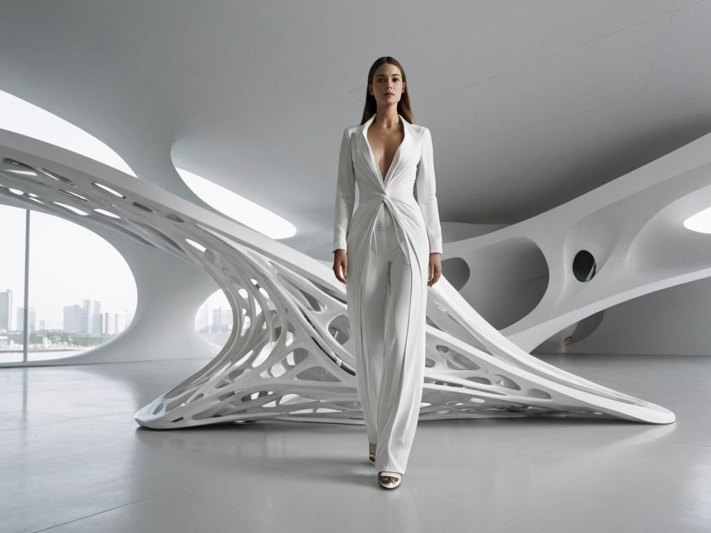 Confident Woman in Futuristic Zaha Hadid Design