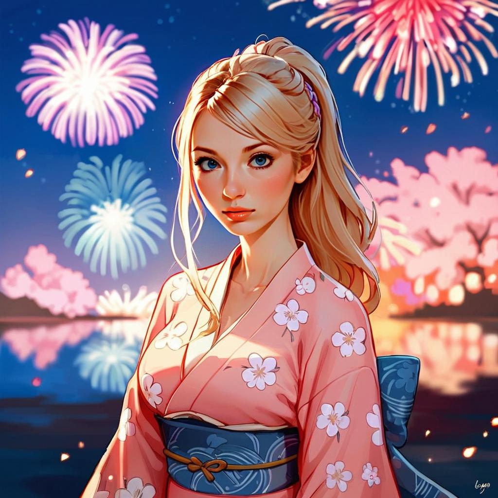 Young Woman in Floral Kimono with Fireworks Young Woman in Floral Kimono with Fireworks