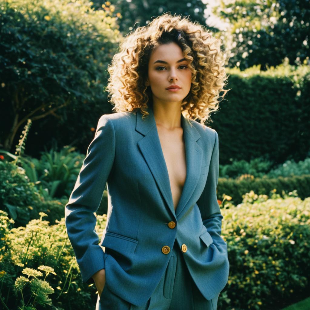 Confident Woman in Blue Suit Posing in Lush Garden