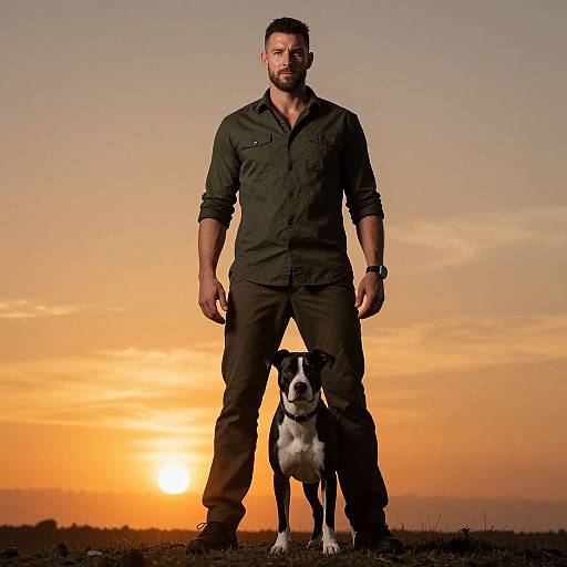 Man Standing with Dog Outdoors at Sunset