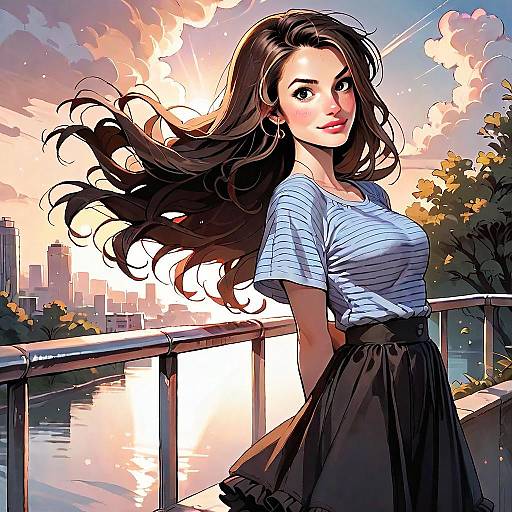 Digital Illustration of Woman on Balcony at Sunset Overlooking Cityscape