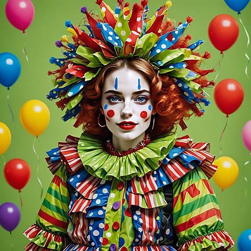 Colorful Woman Clown with Ruffled Costume and Balloon Background