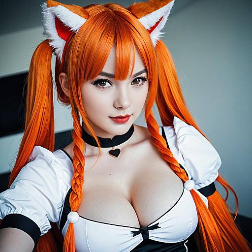 Fox Ear Cosplay Woman with Orange Hair in Maid Outfit