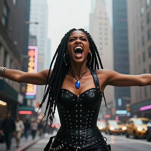 Confident Young Woman in Black Leather Corset Expressing Passion on Urban Street