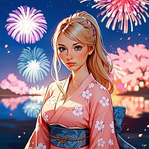 Young Woman in Floral Kimono with Fireworks