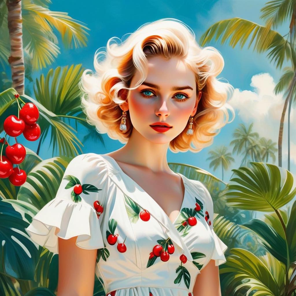 Blonde Woman in Cherry Dress - Tropical Portrait Blonde Woman in Cherry Dress - Tropical Portrait