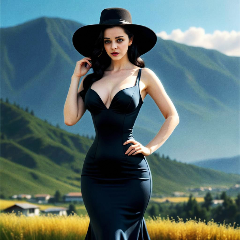 Elegant Woman in Black Dress with Hat in Green Hills