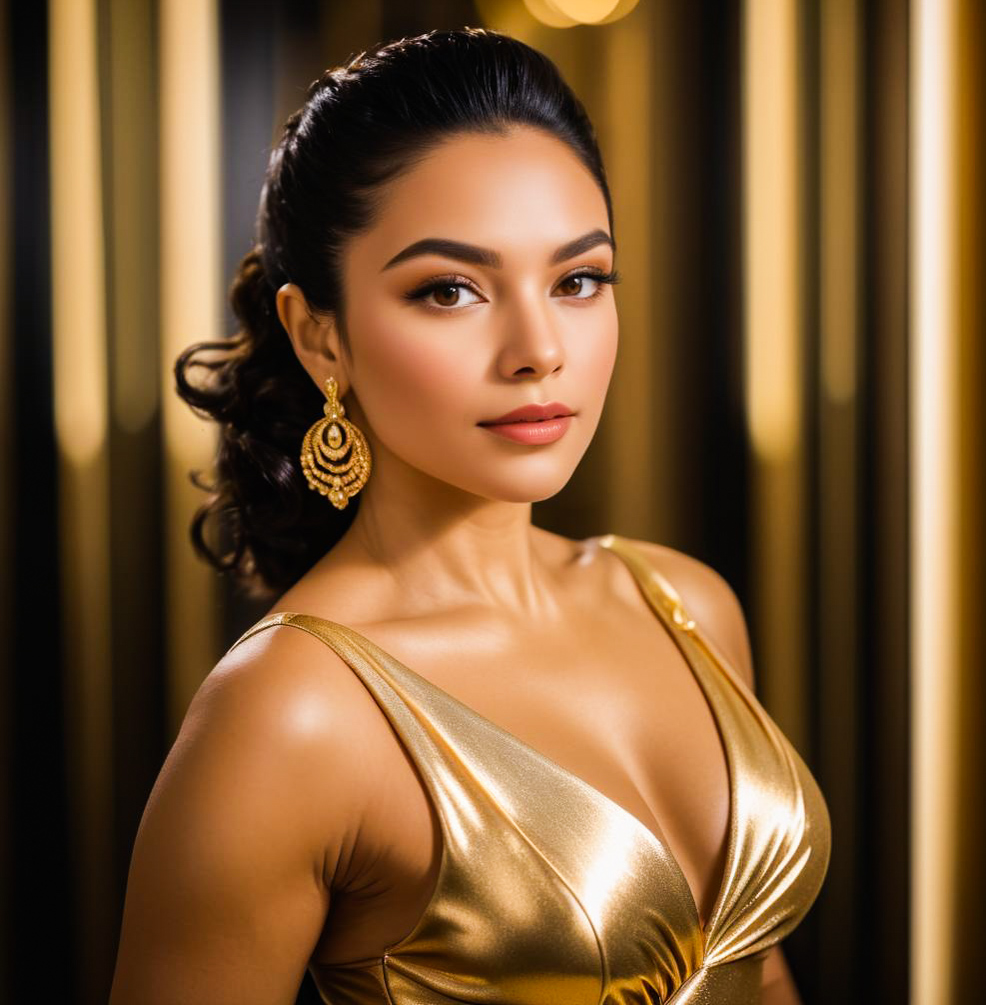 Elegant Woman with Golden Jewelry and Stripes