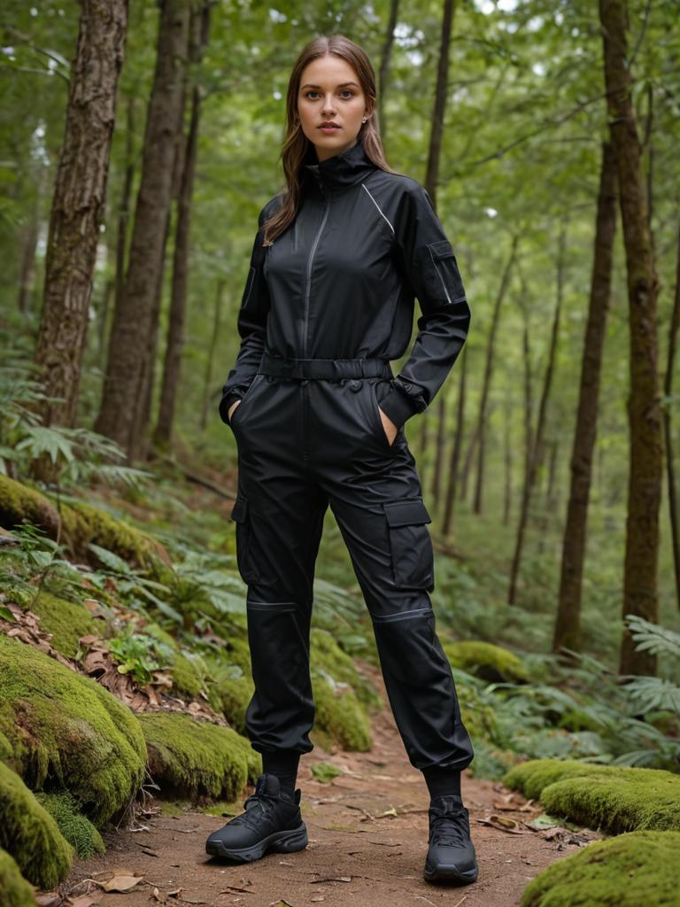 Confident Woman in Tactical Outfit in Forest