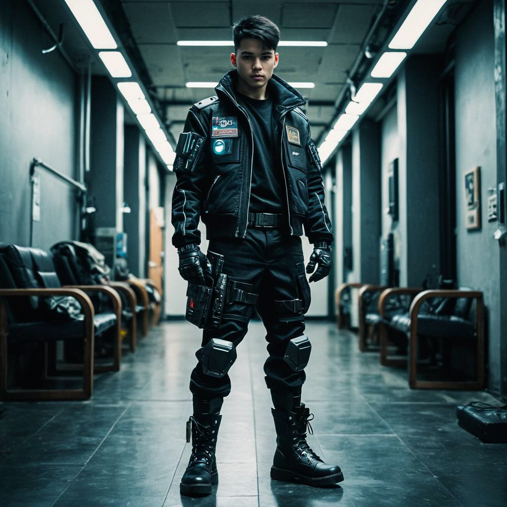 Confident Young Man in Cyberpunk Tactical Outfit Confident Young Man in Cyberpunk Tactical Outfit