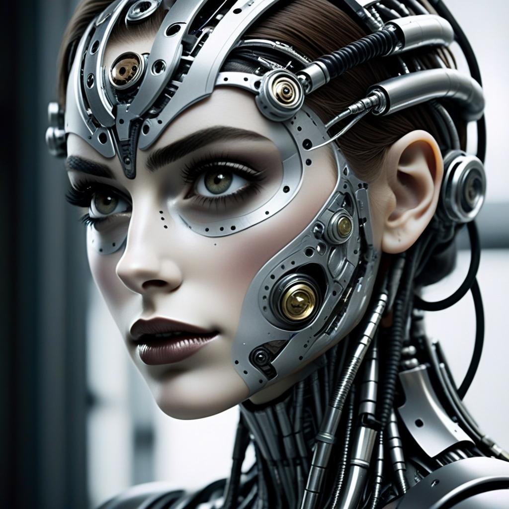Futuristic Cybernetic Woman with Mechanical Enhancements Close-Up