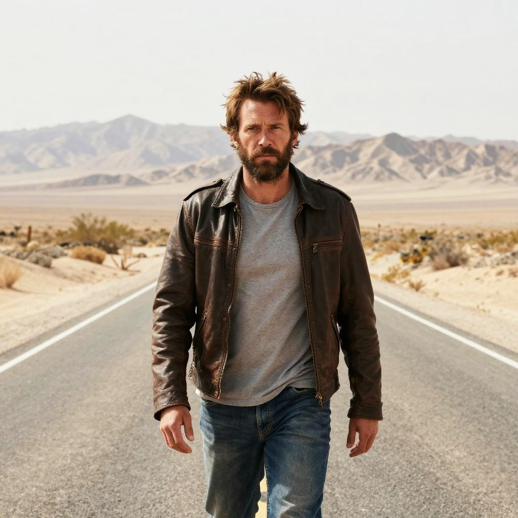 Rugged Man Walking Alone on Desert Road in Leather Jacket