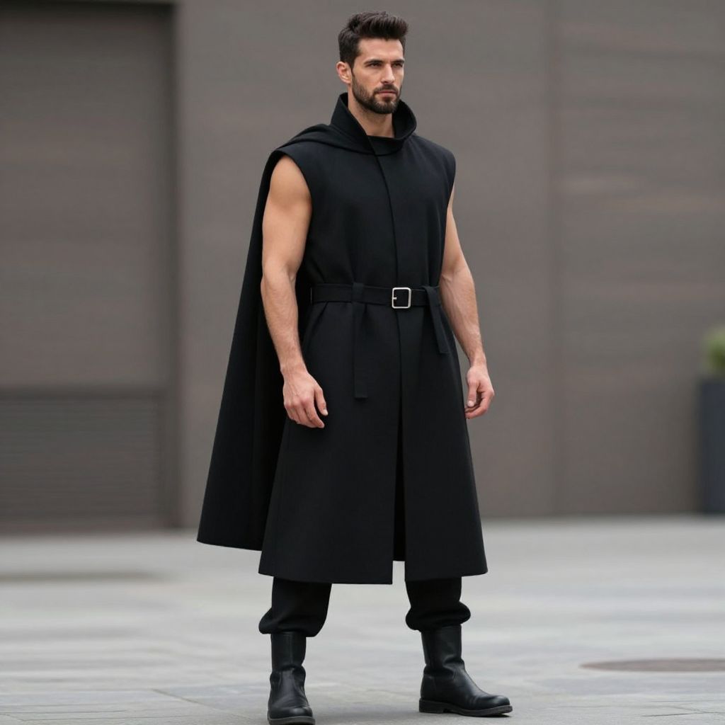 Stylish Man Wearing Modern Sleeveless Black Cloak with Belt