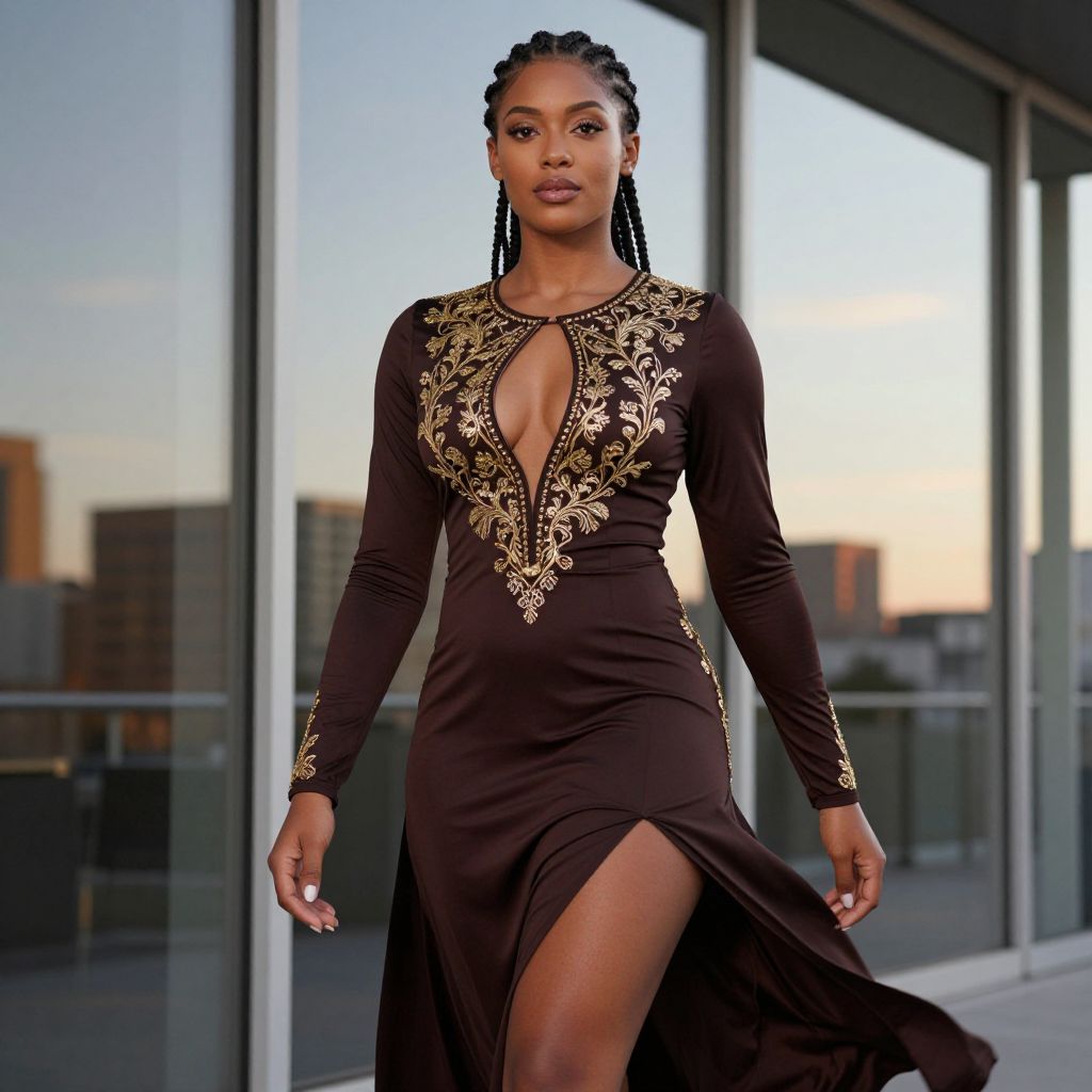 Elegant Woman Wearing Brown Dress with Gold Embroidery and Front Slit