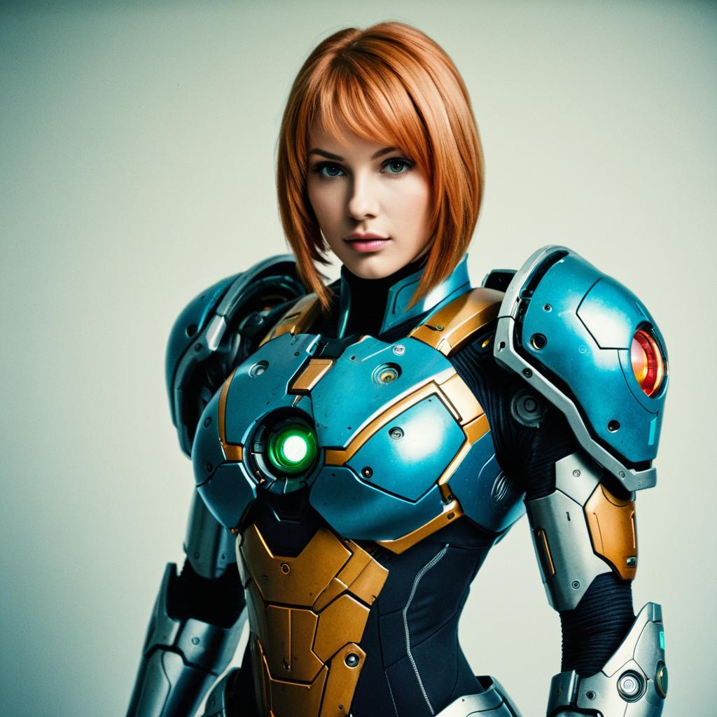 Futuristic Woman in High-Tech Blue and Gold Sci-Fi Armor Suit