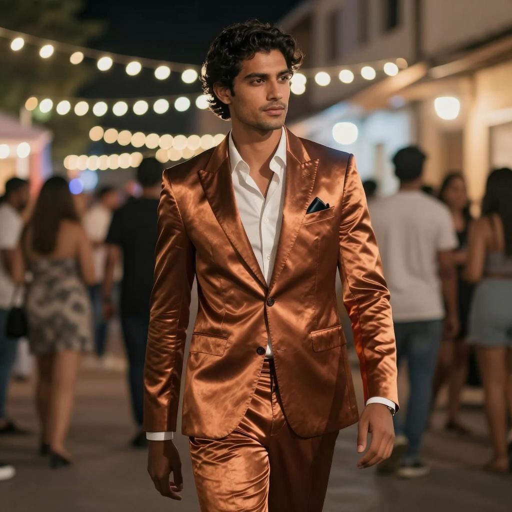Stylish Man in Copper Satin Suit Walking at Nighttime Party