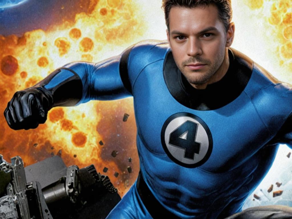 Heroic Man in Fantastic Four Suit with Fiery Explosion