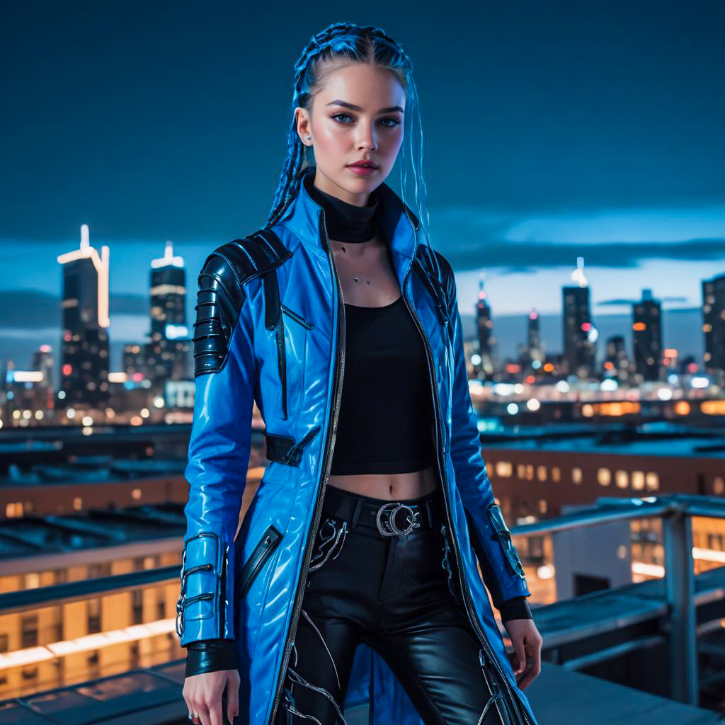 Cyberpunk Style Woman in Blue Futuristic Jacket on Rooftop Night Cityscape
