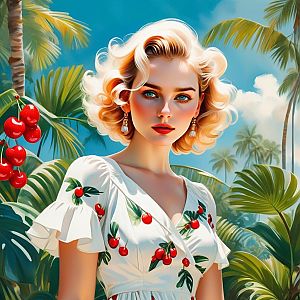 Blonde Woman in Cherry Dress - Tropical Portrait
