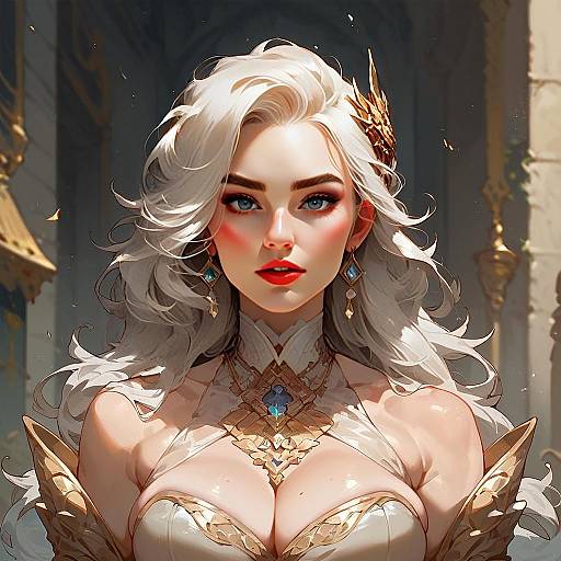 Fantasy Woman with Platinum Blonde Hair and Golden Armor Digital Artwork