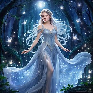 Graceful Woman in Blue Gown in Enchanted Forest