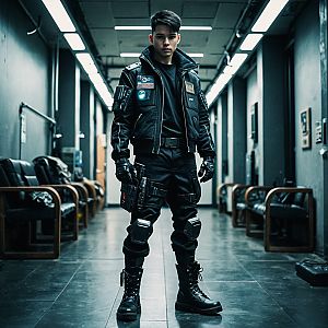 Confident Young Man in Cyberpunk Tactical Outfit
