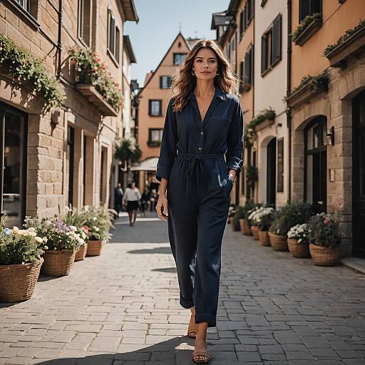 Woman Walking on Cobblestone Street in Navy Blue Jumpsuit