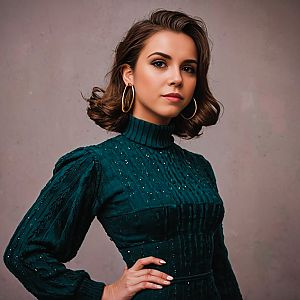 Confident Woman in Dark Green Turtleneck Dress