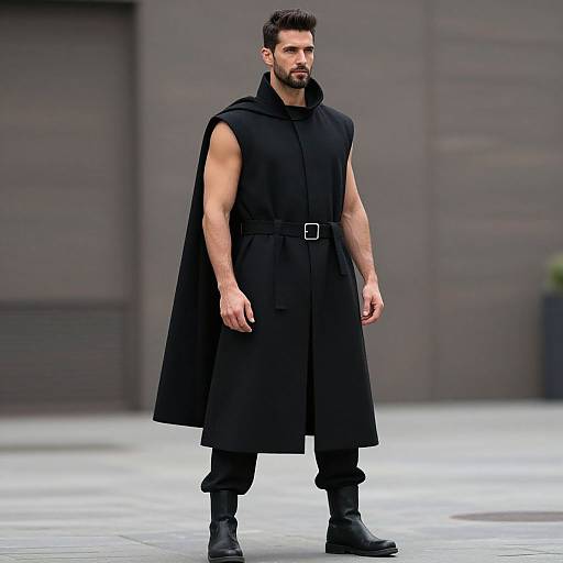 Stylish Man Wearing Modern Sleeveless Black Cloak with Belt