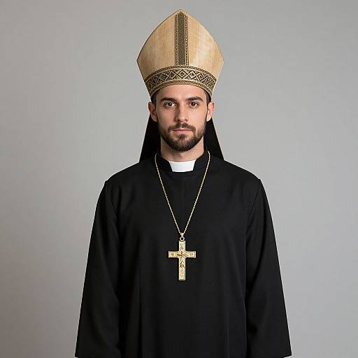 Man Dressed as Bishop in Traditional Clerical Robes with Gold Cross
