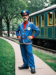 Man in Thomas the Train Conductor Costume Standing Outdoors by Vintage Train