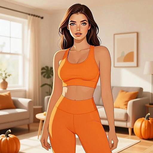 Stylized Illustration of Woman in Orange Workout Outfit in Cozy Autumn Living Room