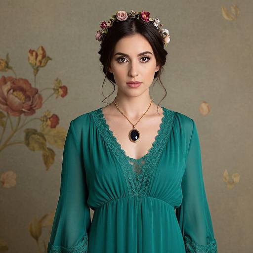 Elegant Woman in Teal Vintage Dress with Floral Crown and Pendant Necklace