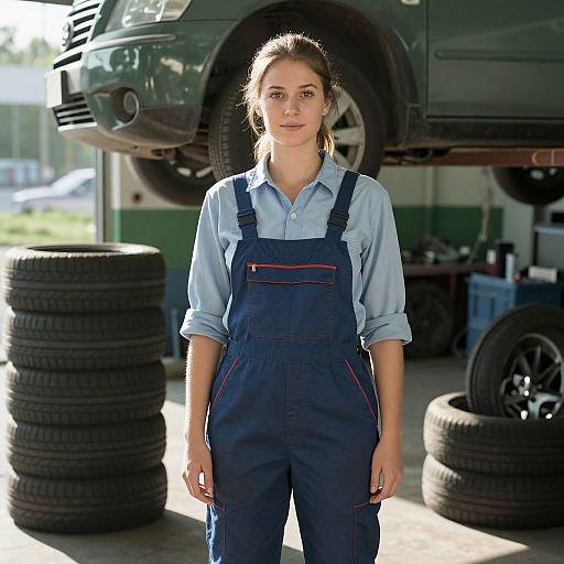 Young Female Mechanic in Garage with Tires and Lifted Car