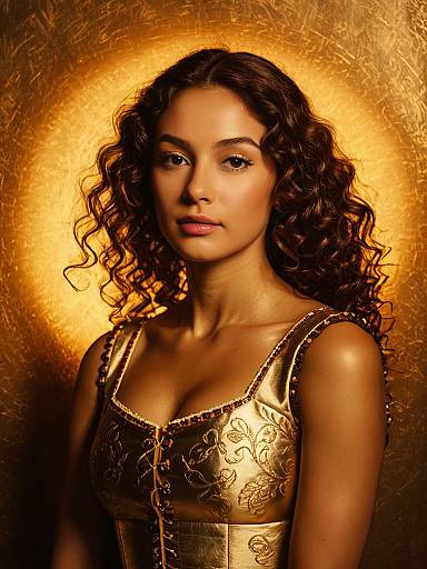 Woman in Gold Brocade Corset Dress with Curly Hair and Floral Embroidery