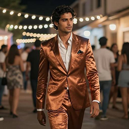 Stylish Man in Copper Satin Suit Walking at Nighttime Party