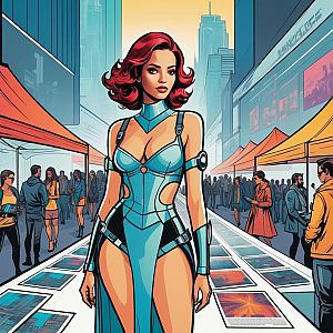 Confident Woman in Futuristic Outfit at Urban Market