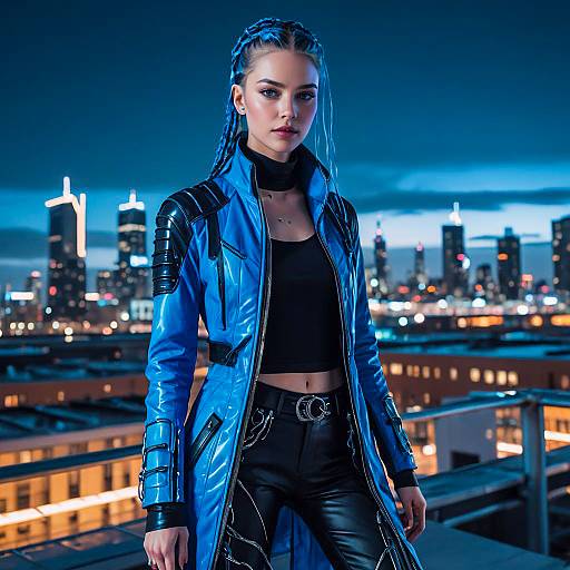 Cyberpunk Style Woman in Blue Futuristic Jacket on Rooftop Night Cityscape