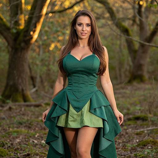 Woman in Green High-Low Dress in Forest Clearing