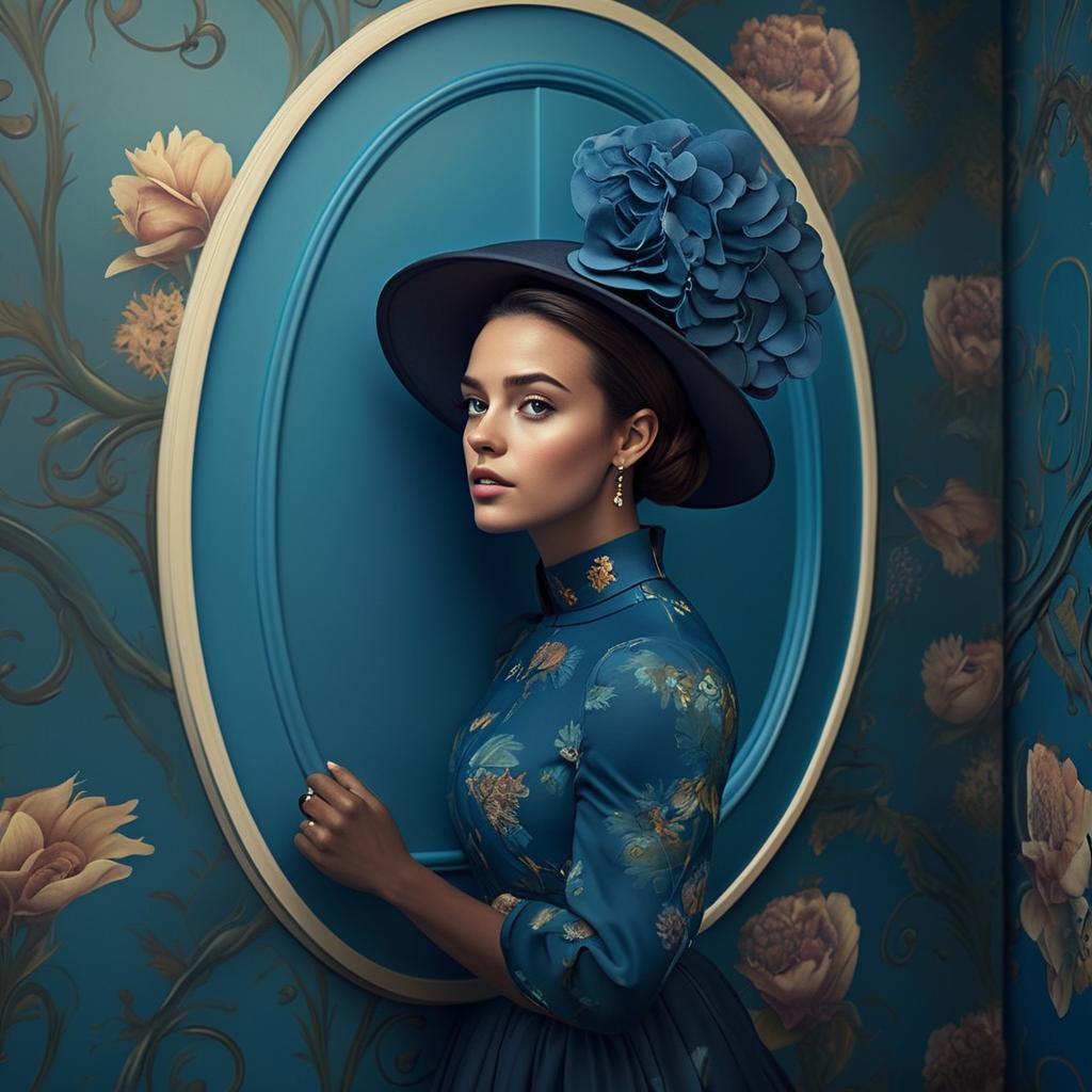 Elegant Woman in Vintage Floral Dress and Hat Blue Background