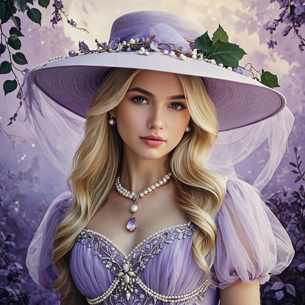 Elegant Woman in Lavender Vintage Gown and Pearl Hat Accessories