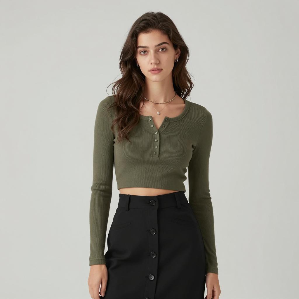 Gen Z Woman Wearing Olive Green Crop Top and Black Button-Down Skirt
