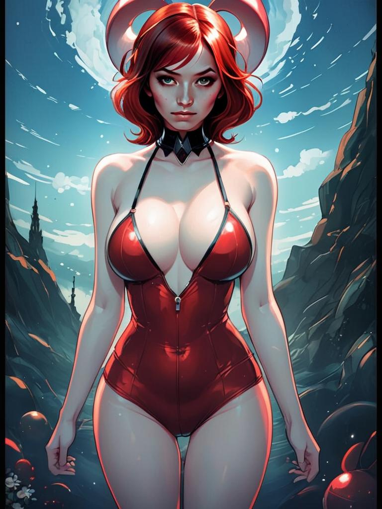 Red-Haired Woman in Shiny Red Latex Bodysuit Anime Style Artwork