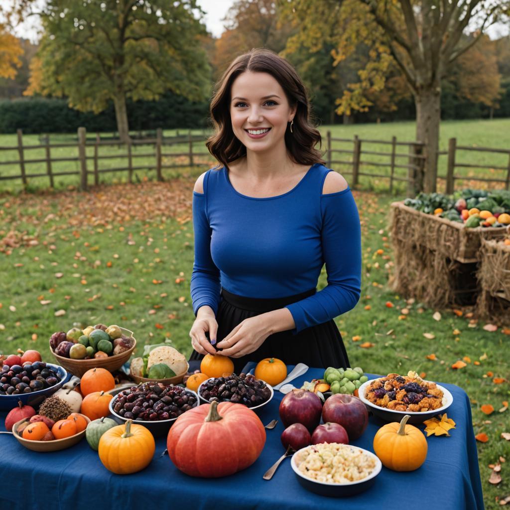 Woman Surrounded by Vibrant Autumn Fruits