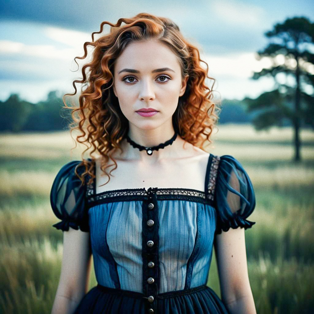 Confident Young Woman in Vintage Dress in Serene Field