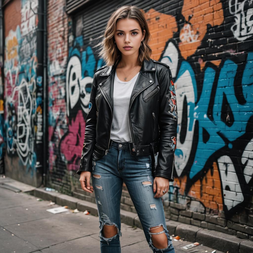 Woman in edgy outfit by urban graffiti wall