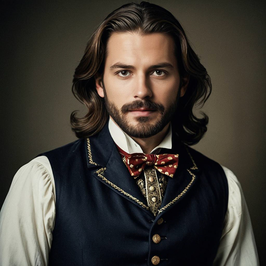 Man in Vintage Aristocratic Costume with Navy Vest and Red Bow Tie Man in Vintage Aristocratic Costume with Navy Vest and Red Bow Tie