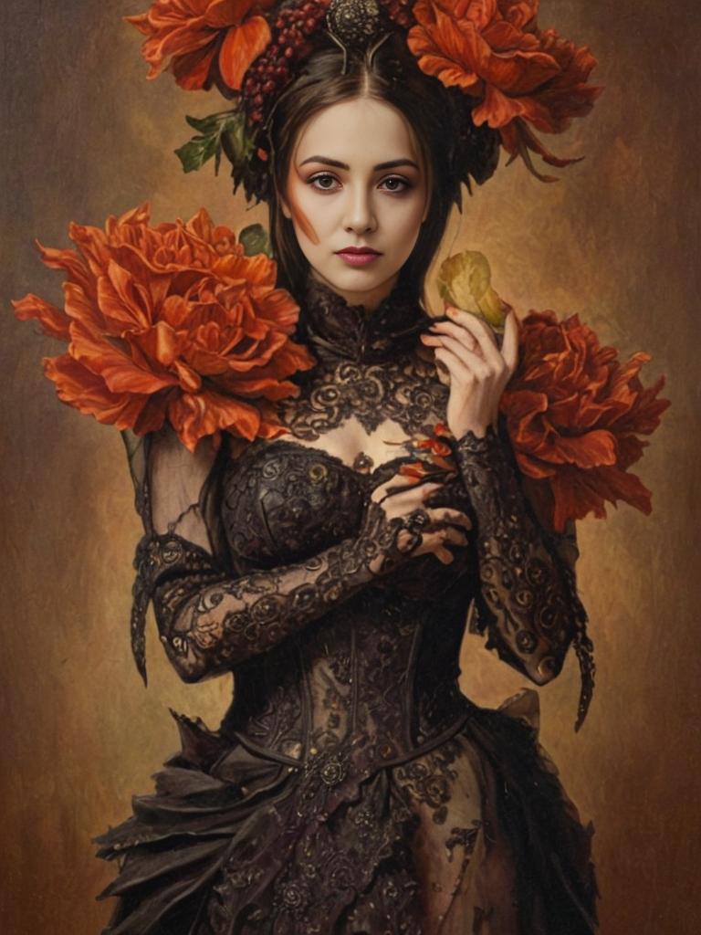 Artistic Portrait of a Woman in Black Lace with Orange Flowers