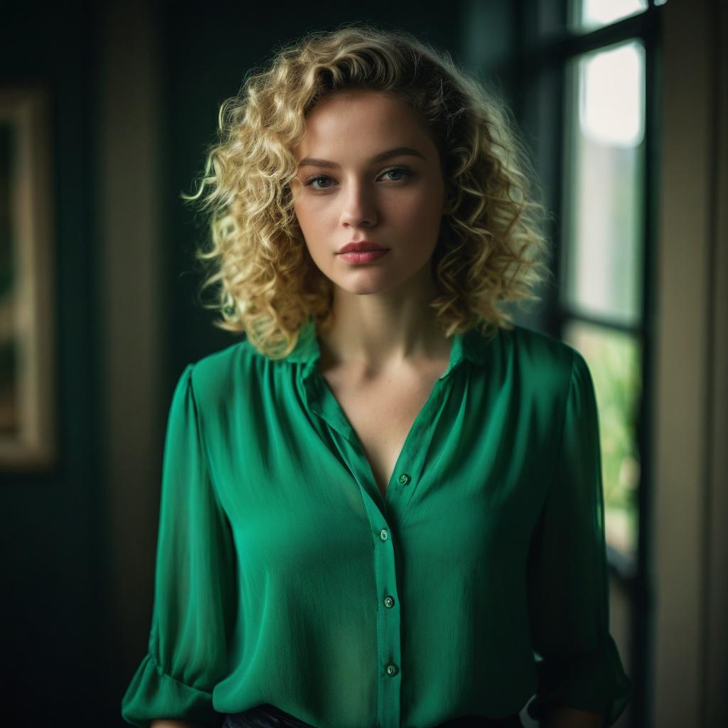 Portrait of Woman in Green Blouse with Curly Blonde Hair Indoors