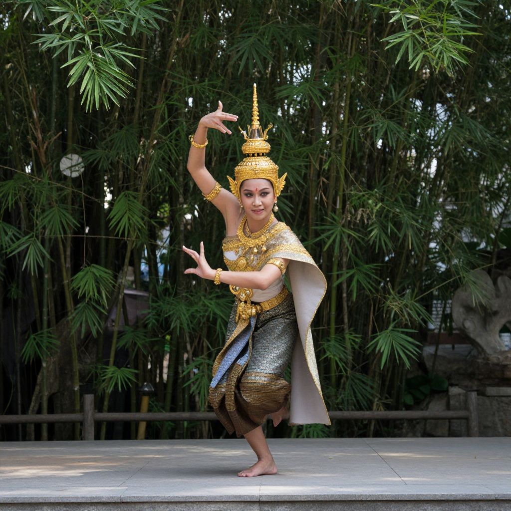Traditional Thai Classical Dance Woman in Golden Costume